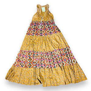 YVONNE S $611 Tie Detail Tiered Geometric Brown Purple Cotton Maxi Dress Size XS